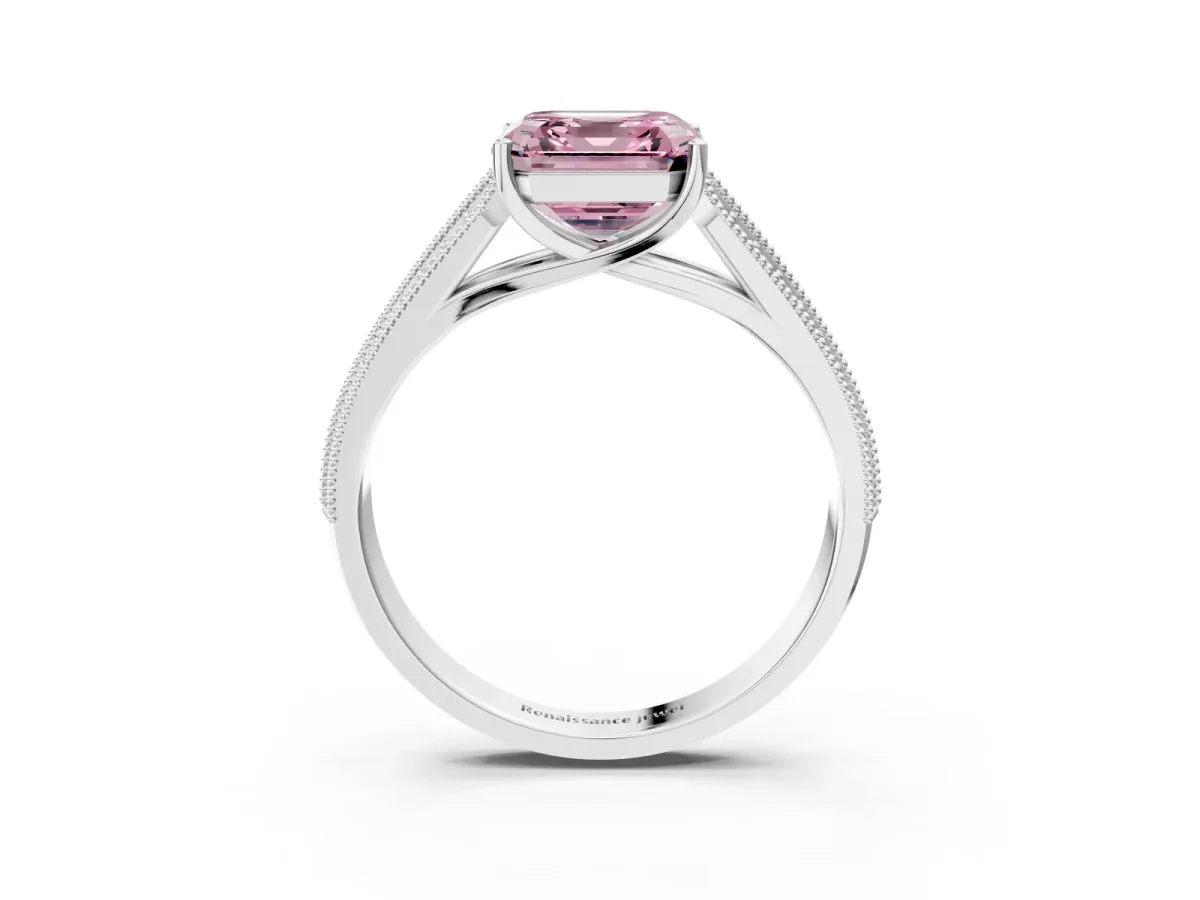 Fancy Pink Asscher Cut Cut Pave Split Shank Engagement Ring with Four-Prong Setting Platinum