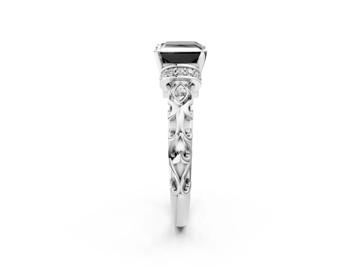 Fancy Black Princess Cut Diamond Solitaire Ring with Filigree Band and Four-Prong Setting Silver