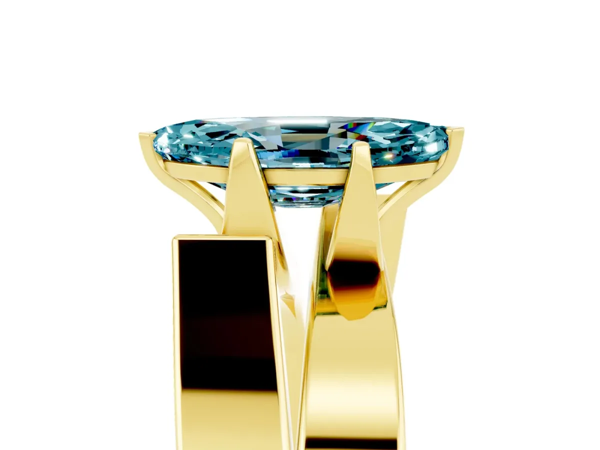 Modern Tension Set Marquise Cut Blue Topaz Solitaire Wide Band Ring Yellow gold
