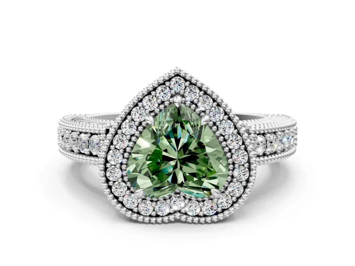 Fancy Green Heart Cut Cut Halo Diamond Ring with Pavé Band and Four-Prong Setting Platinum