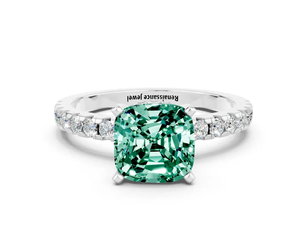 Cushion Cut Green Sapphire Solitaire Ring with Round Pavé Band and Four-Prong Setting White gold