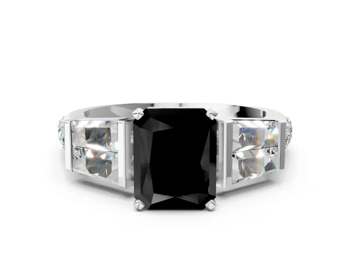 Fancy Black Radiant Cut Diamond Engagement Ring with Baguette Side Stones and Channel Set Band Platinum