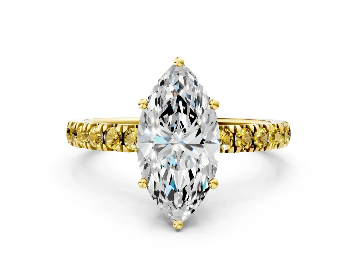 Marquise Cut Diamond Pave Band Solitaire Ring with Round Yellow Sapphire and Prong Setting Yellow gold