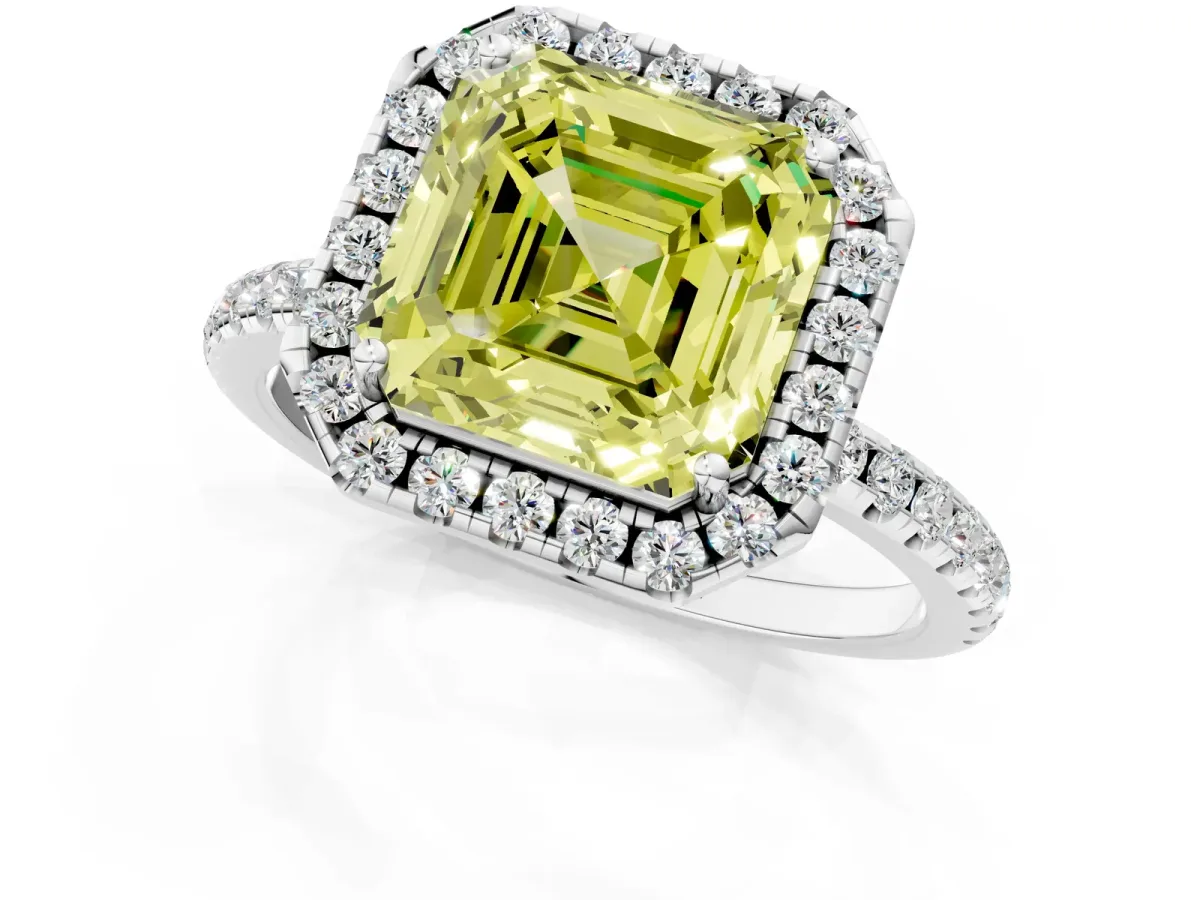 Fancy Yellow Asscher Cut Diamond Halo Engagement Ring with Round Pavé Band and Prong Setting Platinum
