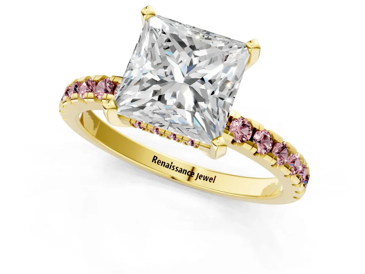 Princess Cut Diamond Solitaire Ring with Round Morganite Pavé Band and Four-Prong Setting Yellow gold