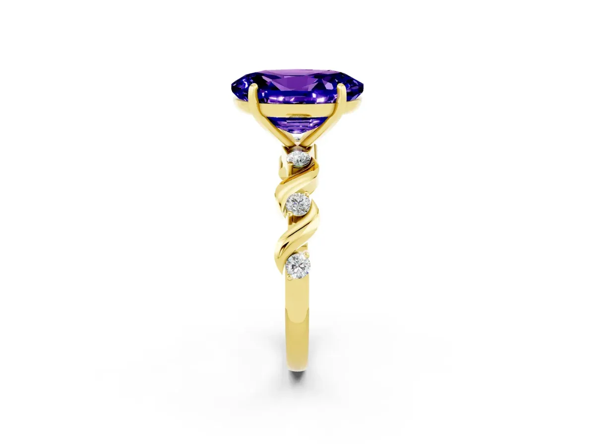 Oval Cut Tanzanite Solitaire Twisted Band with Round Accents and Prong Setting Yellow gold