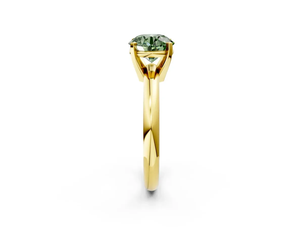 Fancy Green Round Cut Diamond Solitaire Engagement Ring with Round Band and Four-Prong Setting Yellow gold