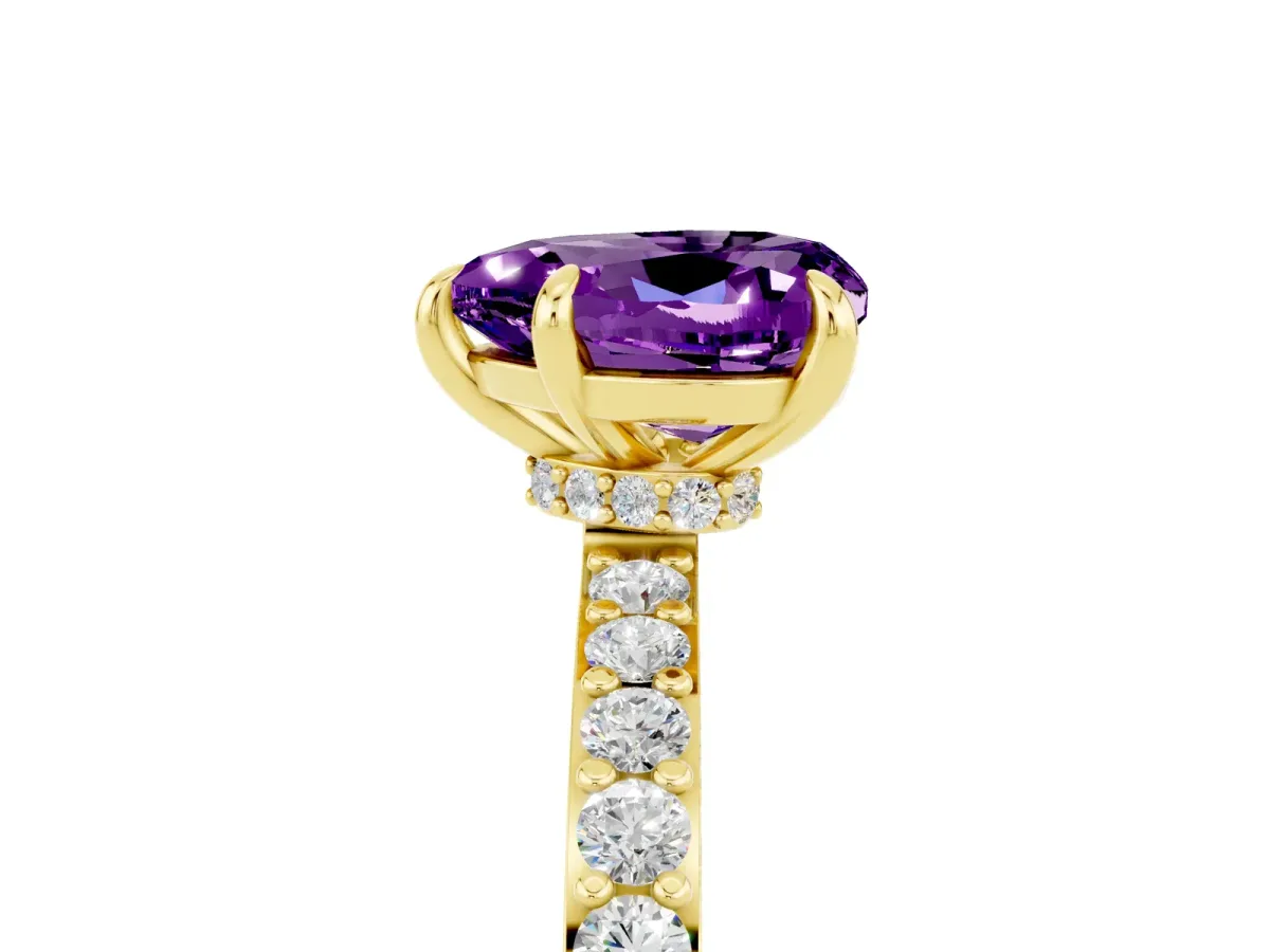 Heart Cut Amethyst Solitaire Engagement Ring with Pavé Band and Four-Prong Setting Yellow gold