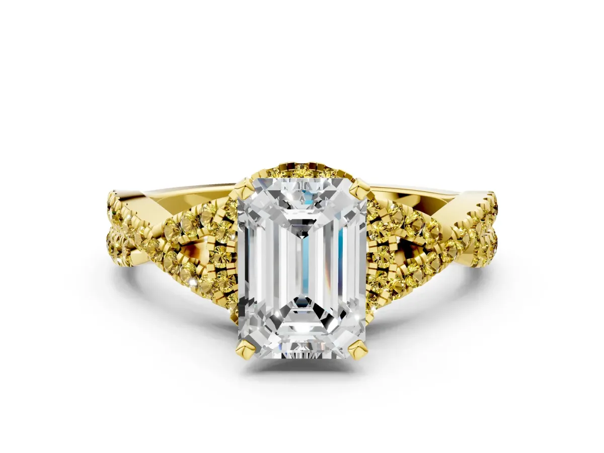 Emerald Cut Diamond Yellow Sapphire Halo Twist Band Solitaire Prong Setting Ring Yellow gold