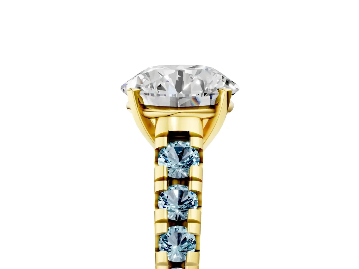 Round Cut Diamond Cathedral Solitaire Ring with Round Aquamarine Pavé Band Yellow gold
