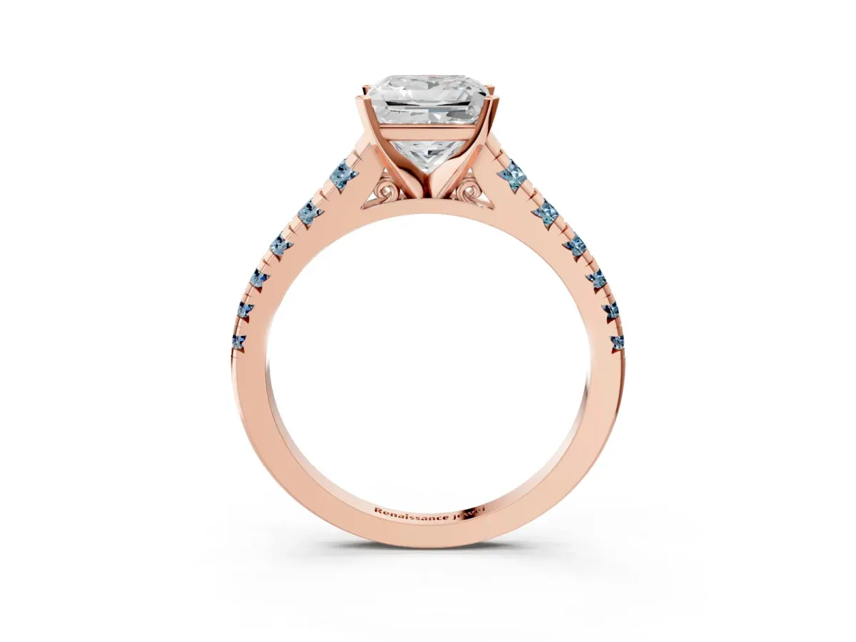 Princess Cut Diamond Cathedral Solitaire Ring with Round Aquamarine Pavé Band Rose gold