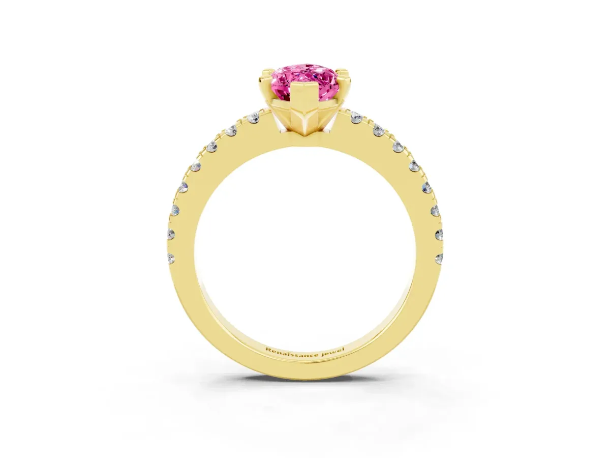 Marquise Cut Solitaire Pink Sapphire with Pavé Band and Four-Prong Setting Yellow gold