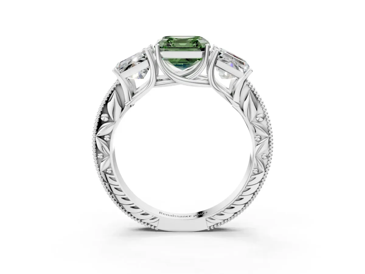 Fancy Green Three-Stone Asscher Cut Cut Milgrain Pavé Engagement Ring Platinum