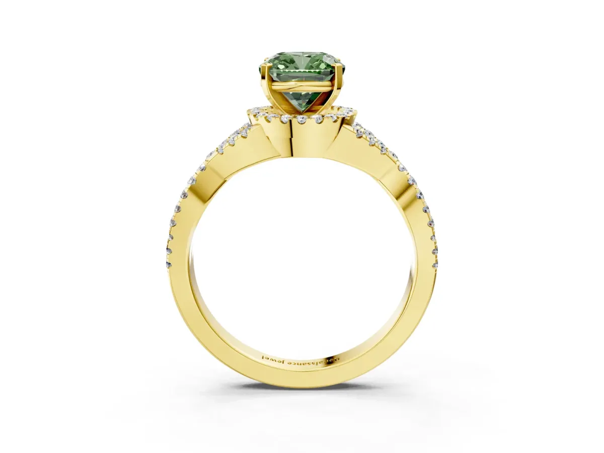 Fancy Green Cushion Cut Diamond Halo Twist Band Solitaire Prong Setting Ring Yellow gold