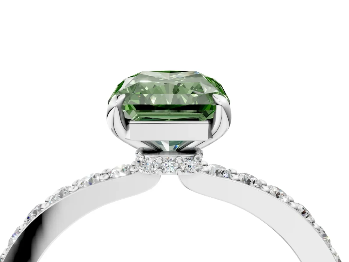 Fancy Green Radiant Cut Diamond Solitaire Engagement Ring with Pavé Band and Four-Prong Setting White gold