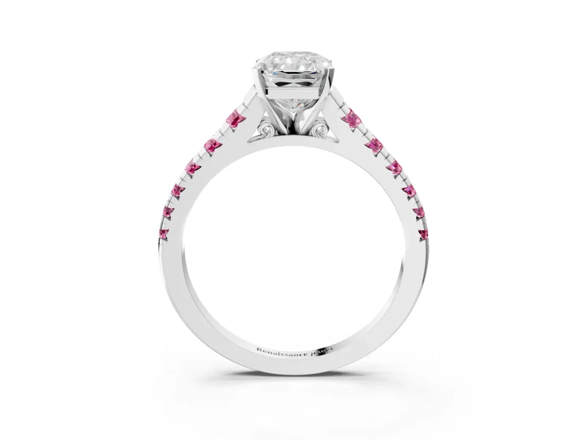 Radiant Cut Diamond Cathedral Solitaire Ring with Round Pink Sapphire Pavé Band White gold