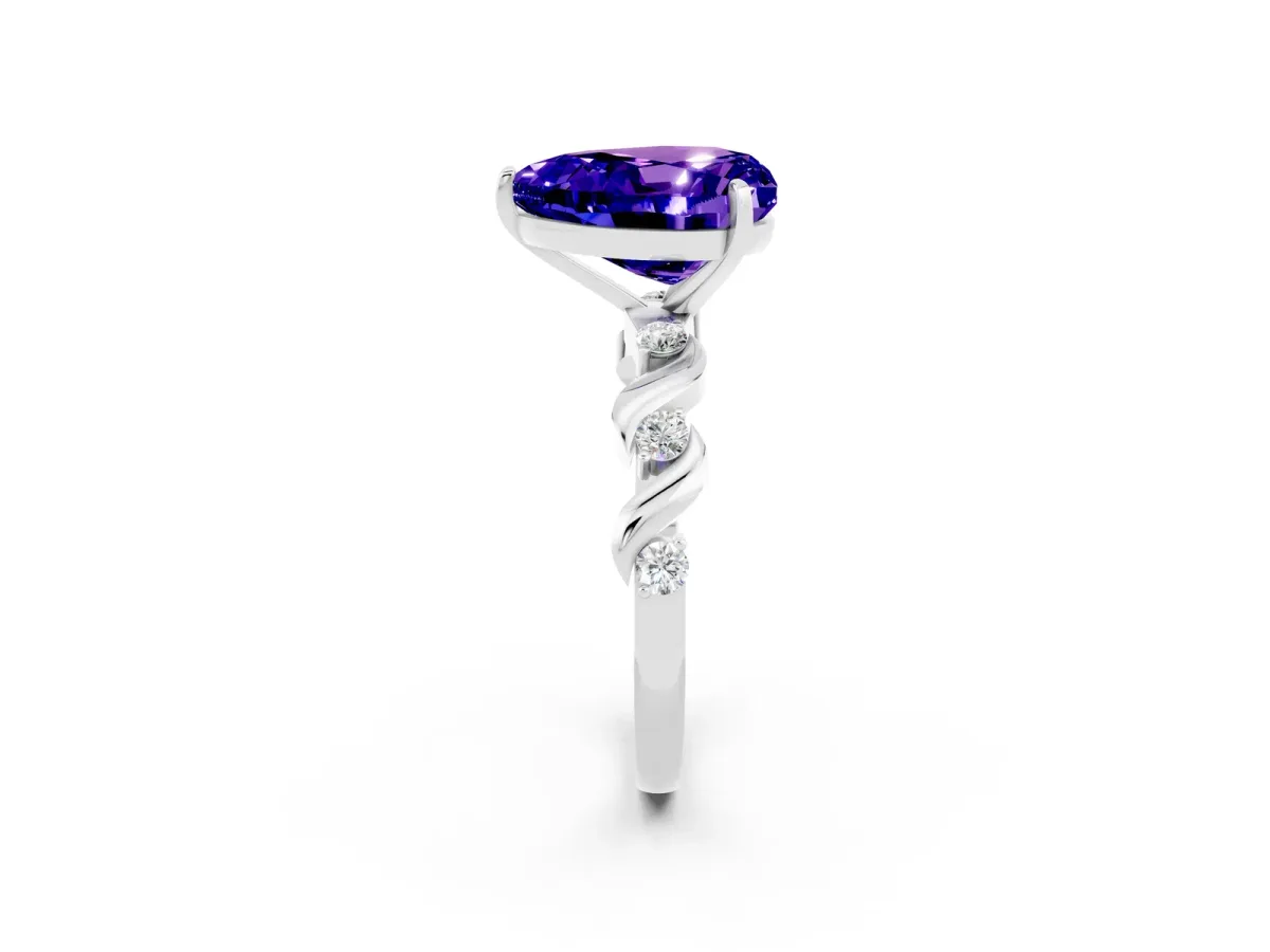 Heart Cut Tanzanite Solitaire Twisted Band with Round Accents and Prong Setting White gold