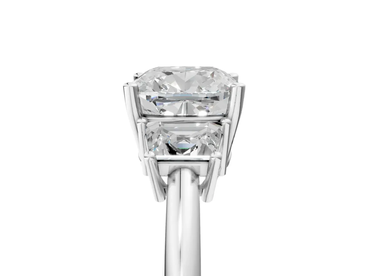 Cushion Cut Diamond Three-Stone Ring with Trapezoid Side Stones and Prong Setting Silver