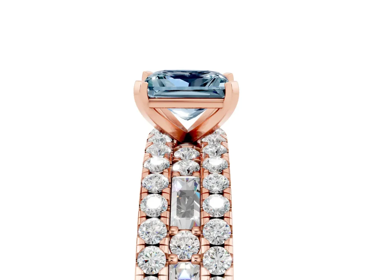 Princess Cut Aquamarine Solitaire Ring with Pavé and Channel Set Band Rose gold