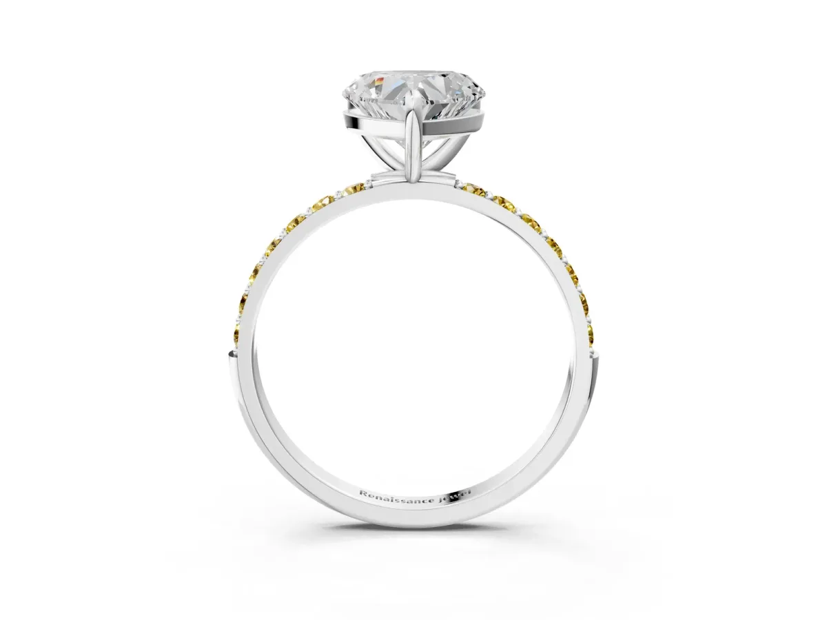 Heart Cut Diamond Solitaire Ring with Round Yellow Sapphire Pavé Band and Prong Setting White gold
