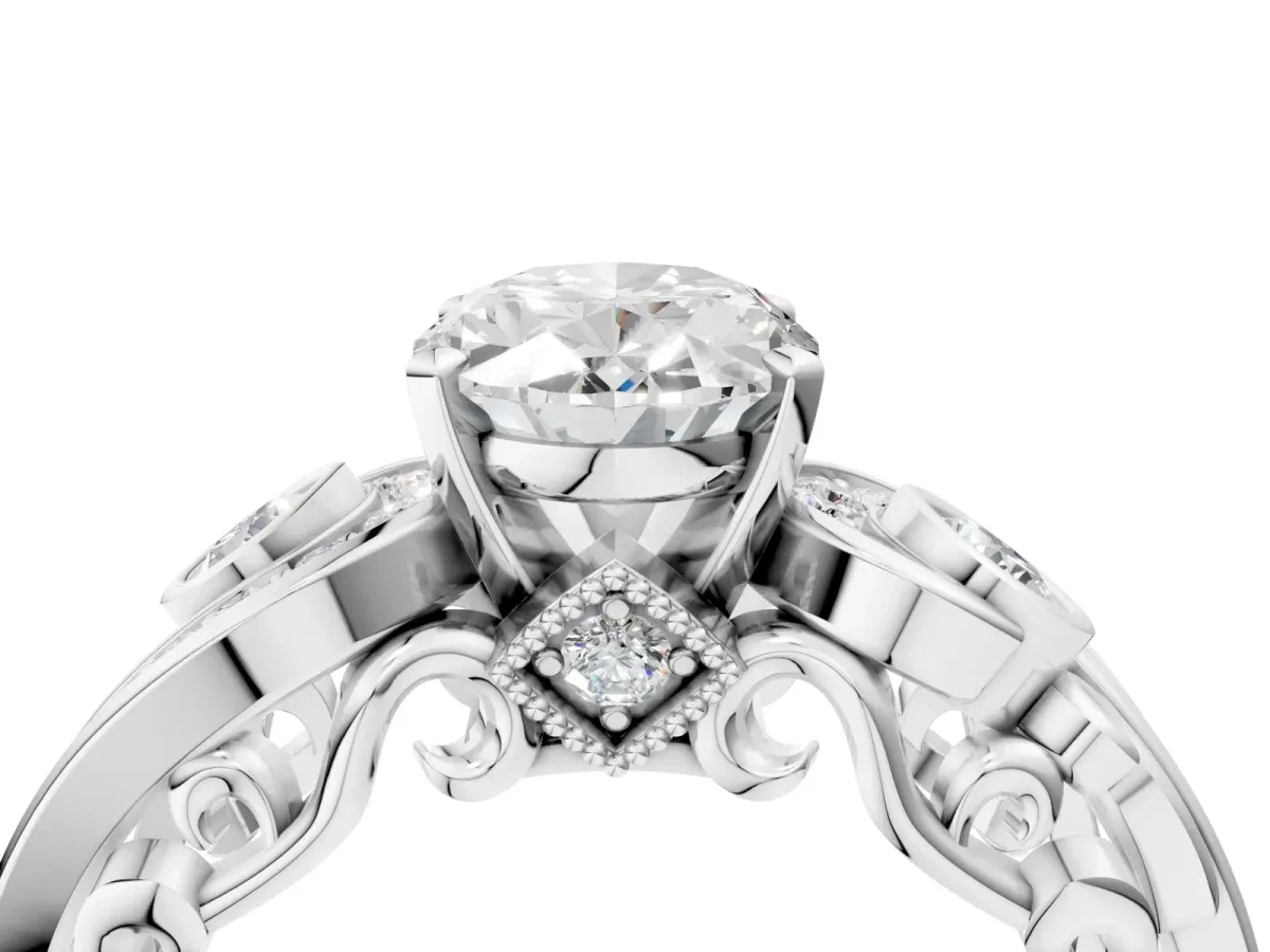 Oval Cut Diamond Solitaire Ring with Milgrain Pavé Band and Four-Prong Setting Platinum