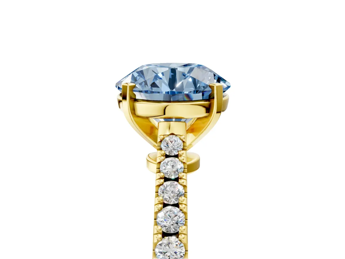 Fancy Blue Asscher Cut Cut Solitaire Diamond Engagement Ring with Pave Band and Four-Prong Setting Yellow gold