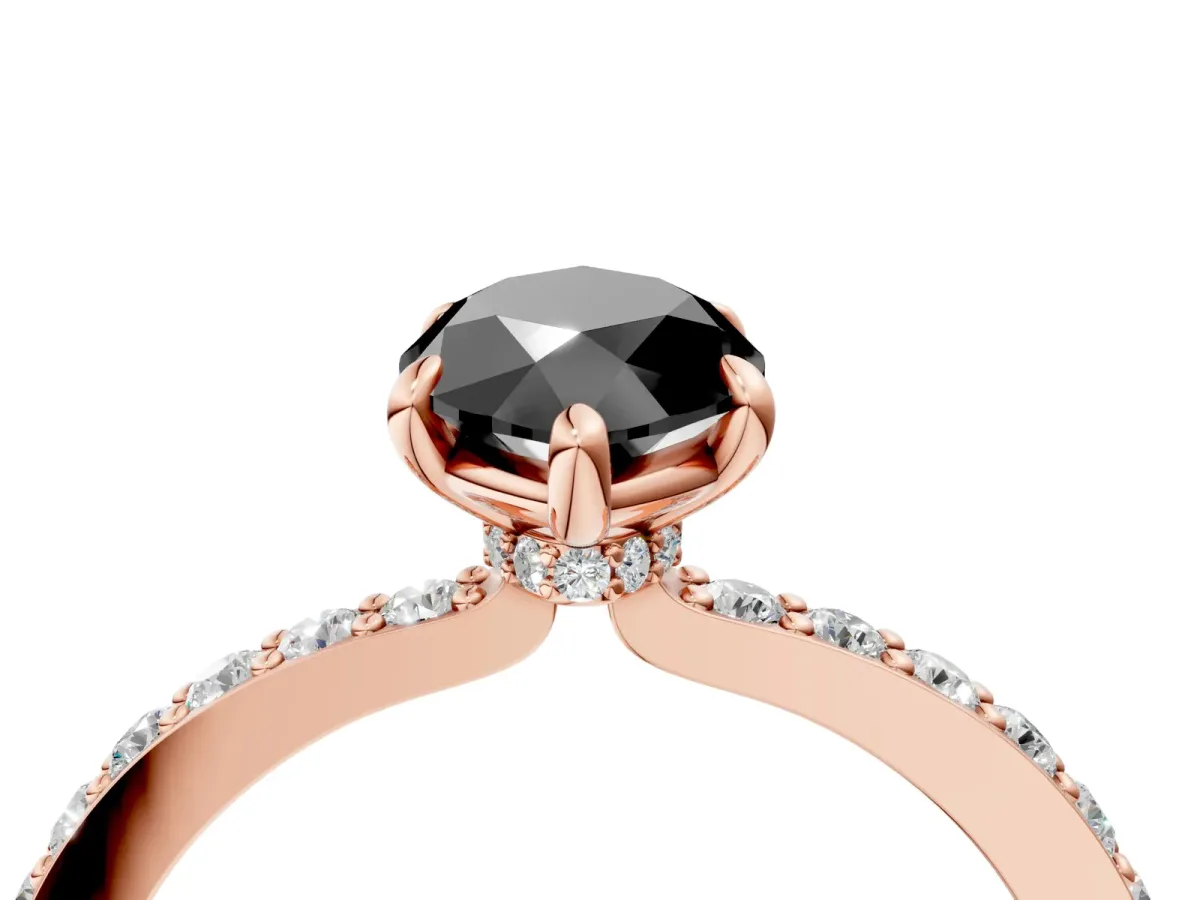 Fancy Black Marquise Cut Diamond Solitaire Engagement Ring with Pavé Band and Four-Prong Setting Rose gold