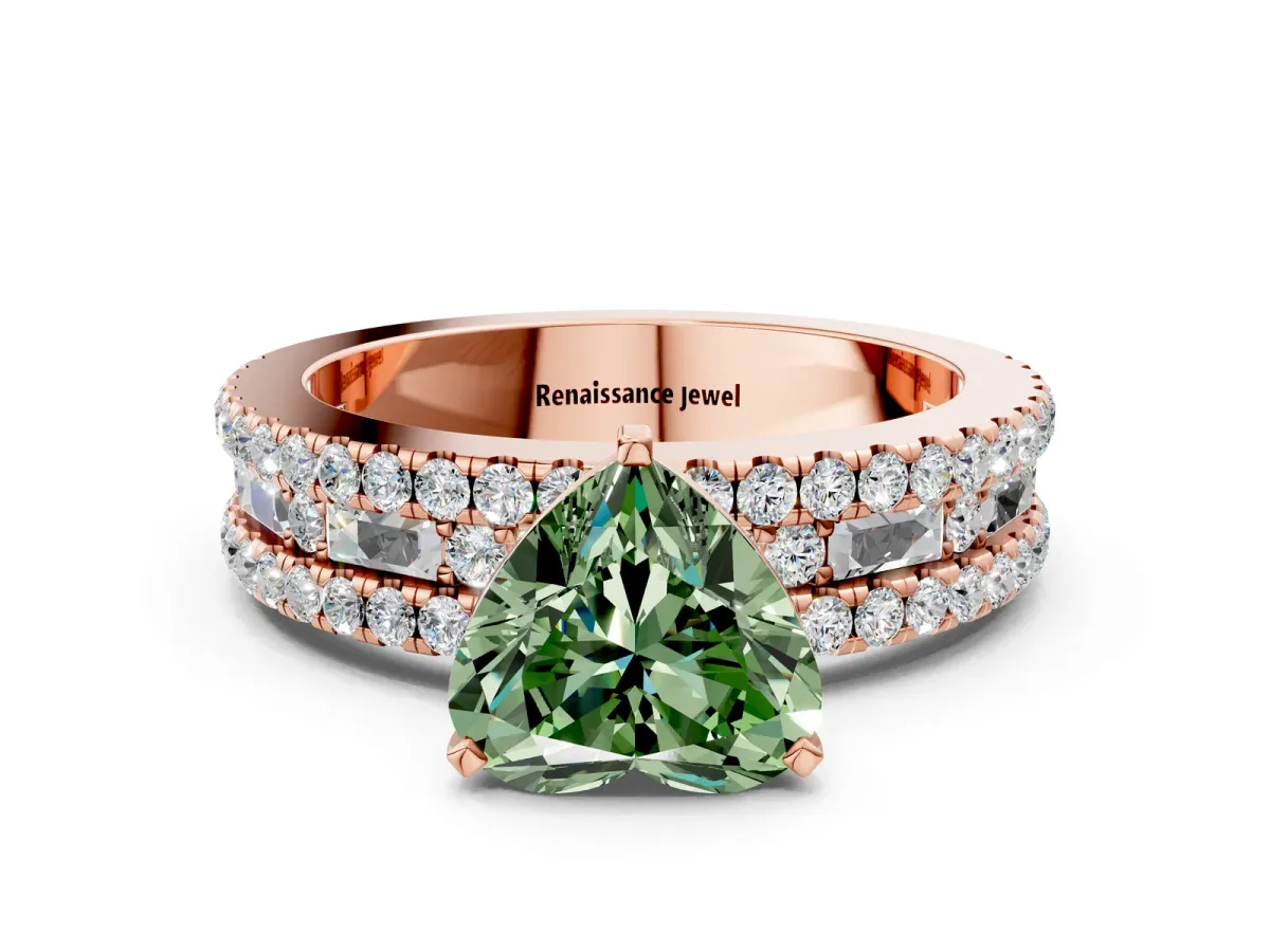 Fancy Green Heart Cut Diamond Solitaire Ring with Pavé and Channel Set Band Rose gold