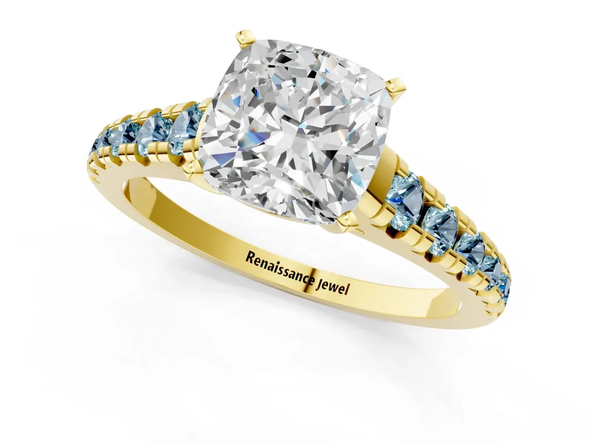 Cushion Cut Diamond Cathedral Solitaire Ring with Round Aquamarine Pavé Band Yellow gold