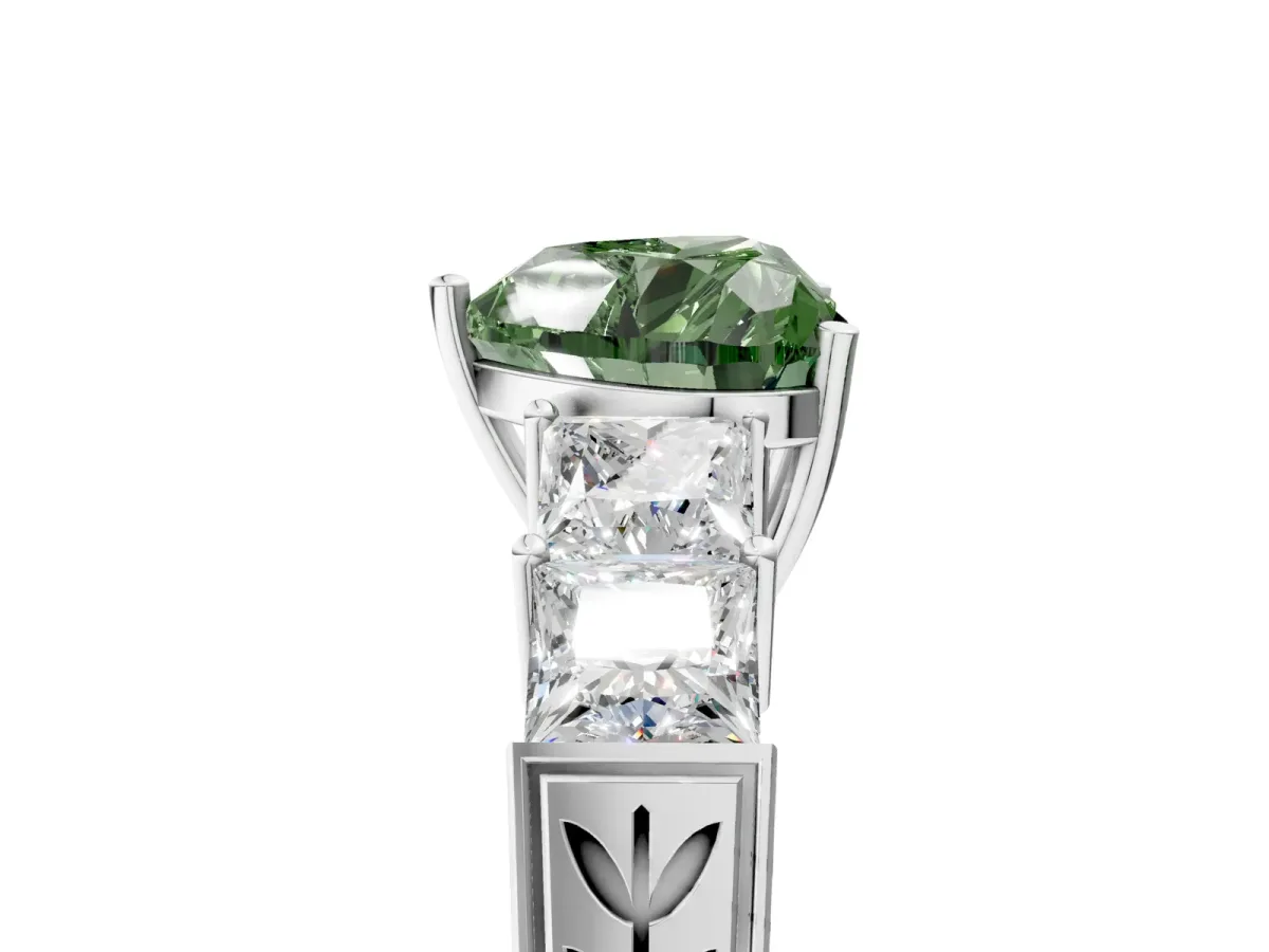 Fancy Green Heart Cut Solitaire Princess Side Stone Engraved Band Prong Setting Ring Silver