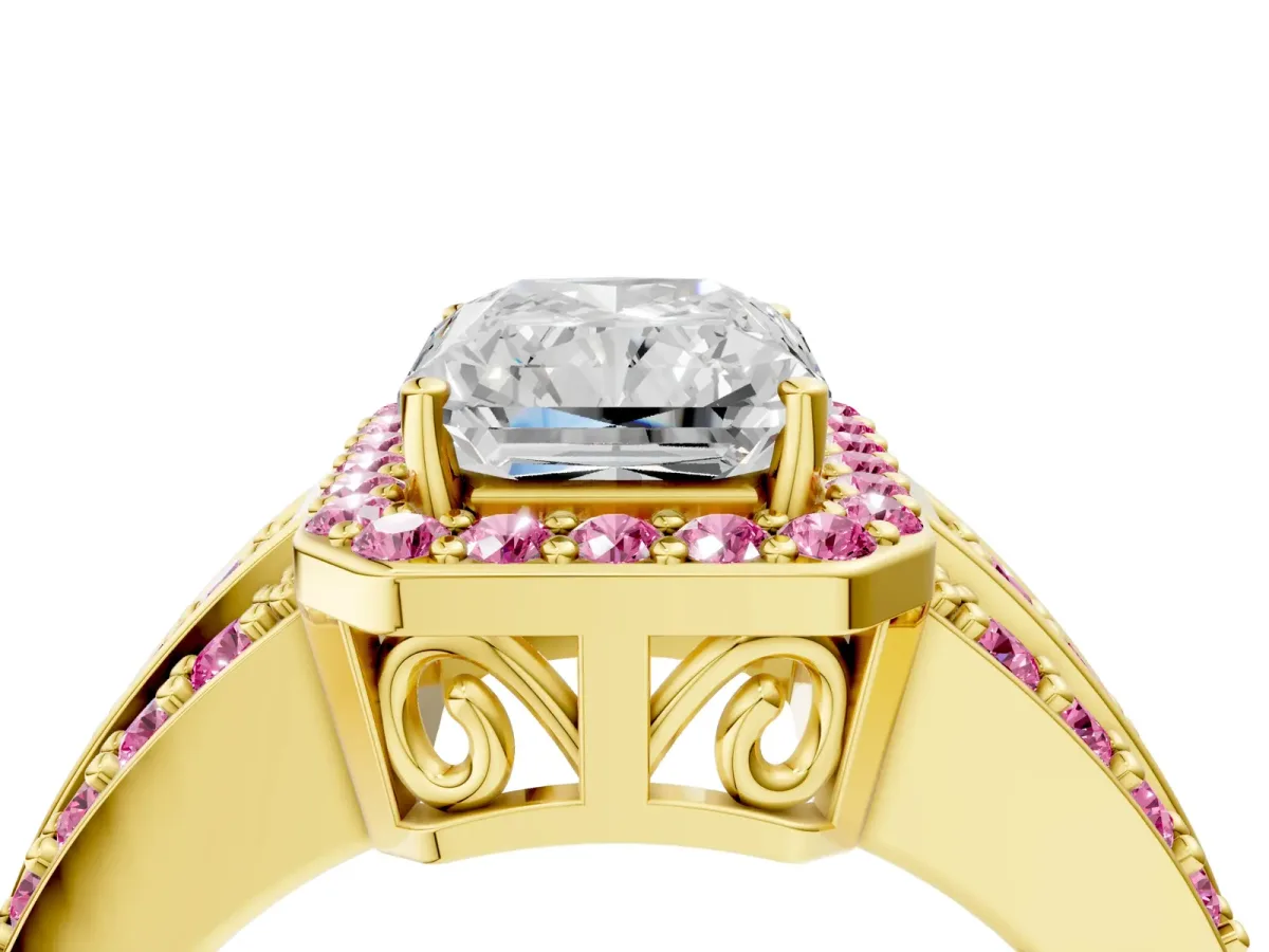Radiant Cut Halo Diamond Ring with Round Pink Sapphire Split Shank and Prong Setting Yellow gold