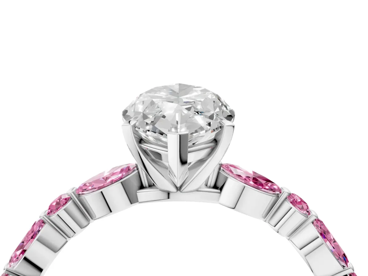 Marquise Cut Diamond Ring with Marquise and Round Pink Sapphire Side Stones and Four-Prong Setting Platinum