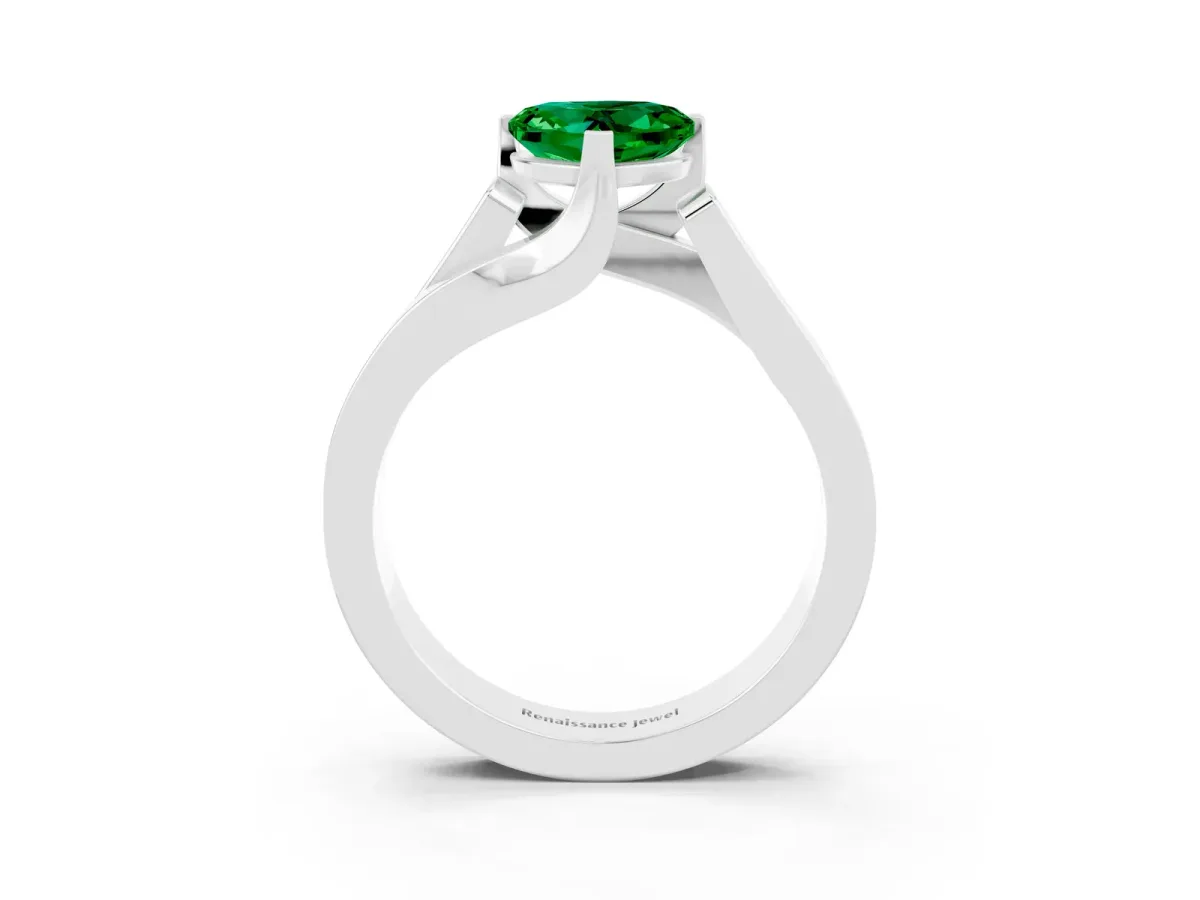 Modern Tension Set Heart Cut Emerald Solitaire Wide Band Ring Platinum