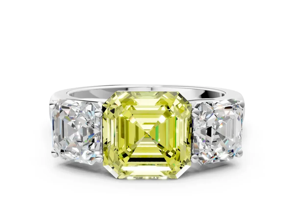 Fancy Yellow Asscher Cut Three-Stone Diamond Ring with Prong Setting on a Classic Band Platinum