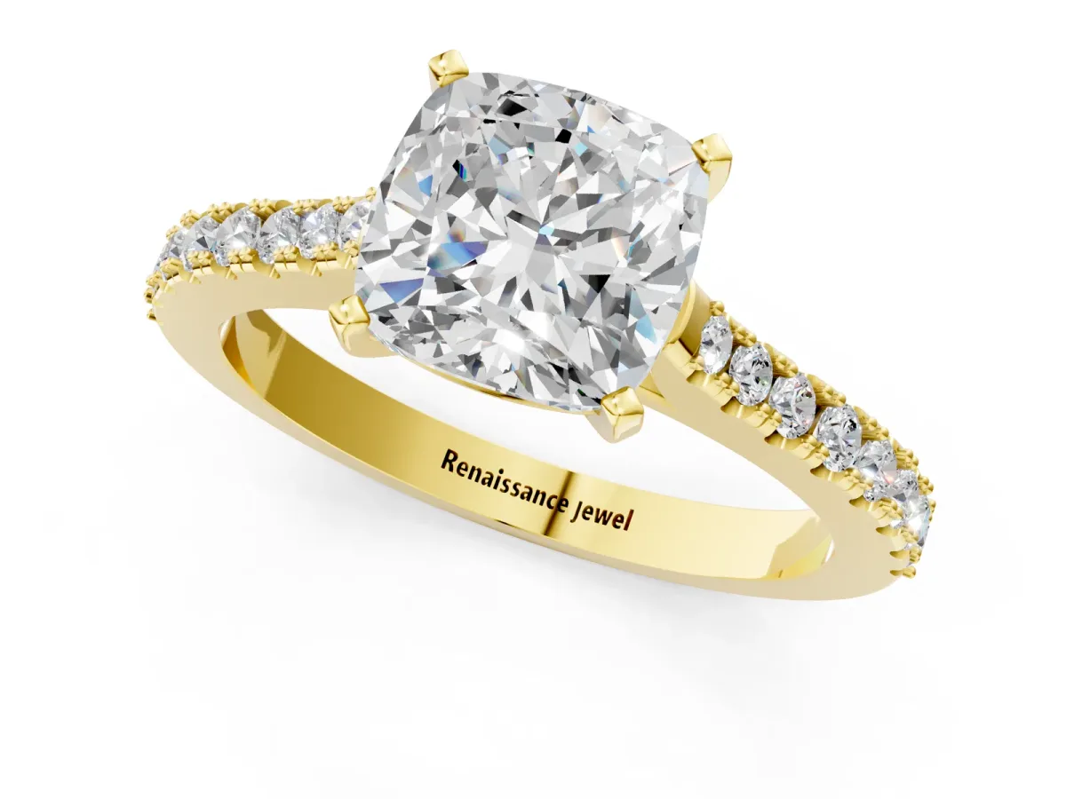 Cushion Cut Cut Solitaire Diamond Engagement Ring with Pave Band and Four-Prong Setting Yellow gold