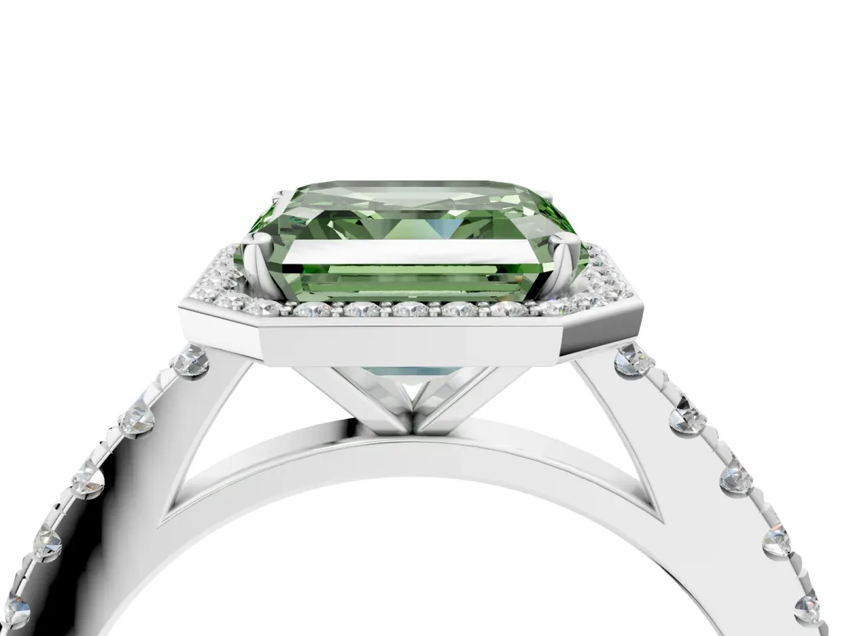 Fancy Green Asscher Cut Cut Halo Diamond Engagement Ring with Pave Band and Four-Prong Setting Platinum