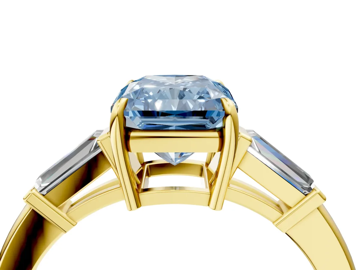Fancy Blue Radiant Cut Diamond Three-Stone Ring with Tapered Baguette Side Stones and Prong Setting Yellow gold