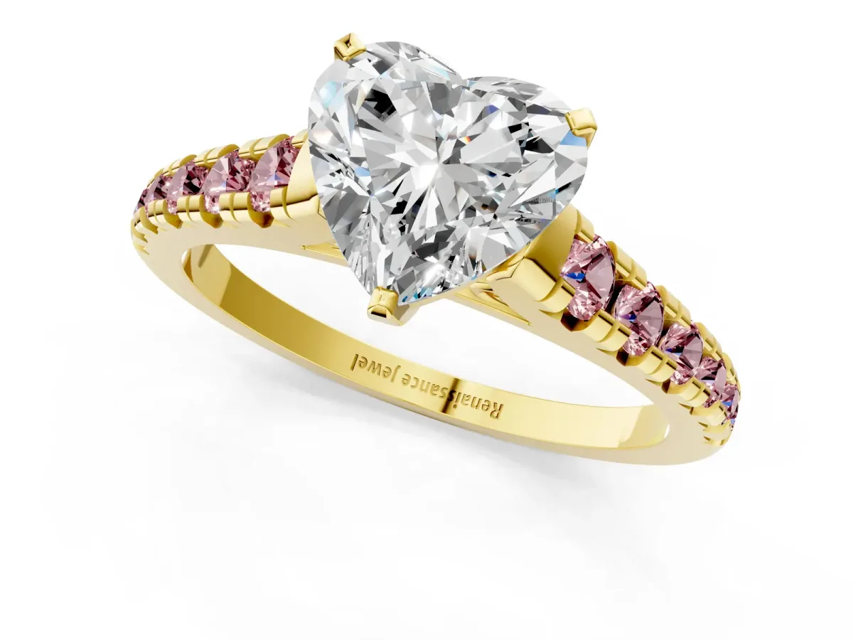 Heart Cut Diamond Cathedral Solitaire Ring with Round Morganite Pavé Band Yellow gold