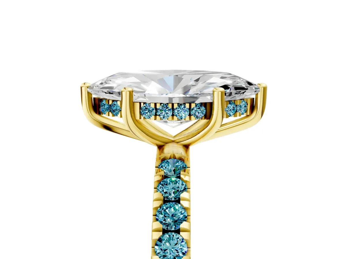 Marquise Cut Diamond Pave Band Solitaire Ring with Round Blue Topaz and Prong Setting Yellow gold