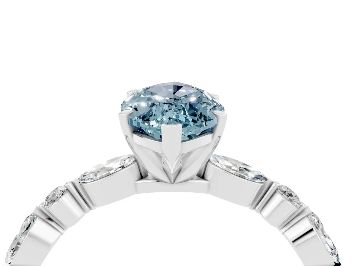 Marquise Cut Aquamarine Ring with Marquise and Round Side Stones and Four-Prong Setting Platinum
