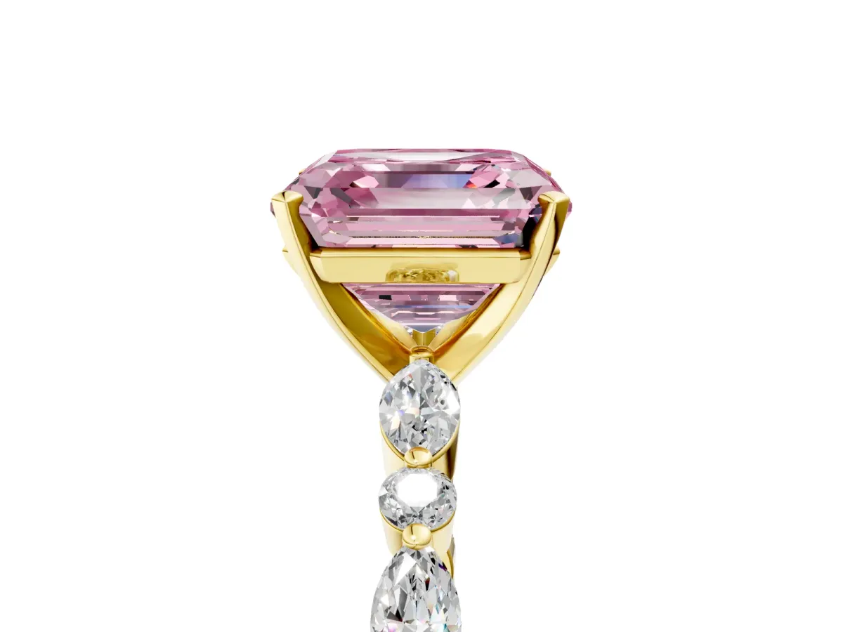 Fancy Pink Asscher Cut Diamond Ring with Marquise and Round Side Stones and Four-Prong Setting Yellow gold