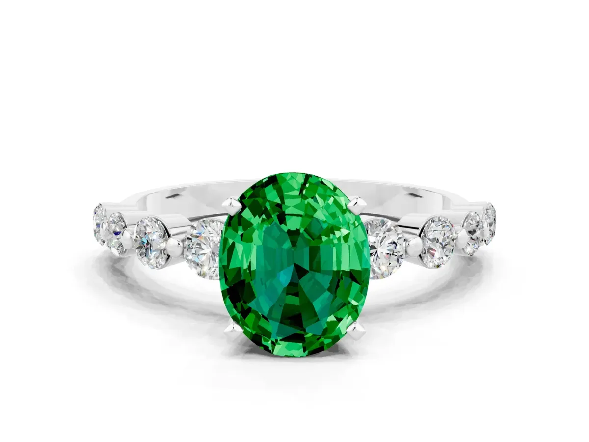Oval Cut Solitaire Emerald Ring with Pave Band and Four-Prong Setting Silver