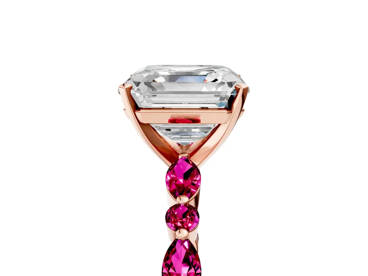 Asscher Cut Diamond Ring with Marquise and Round Garnet Side Stones and Four-Prong Setting Rose gold