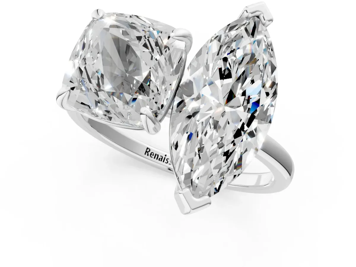 Cushion and Marquise Toi Moi Ring with Prong Setting and Plain Band Platinum