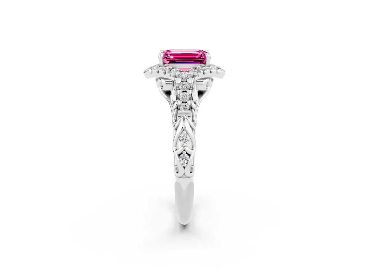 Emerald Cut Pink Sapphire Solitaire Ring with Hidden Halo and Pavé Band White gold