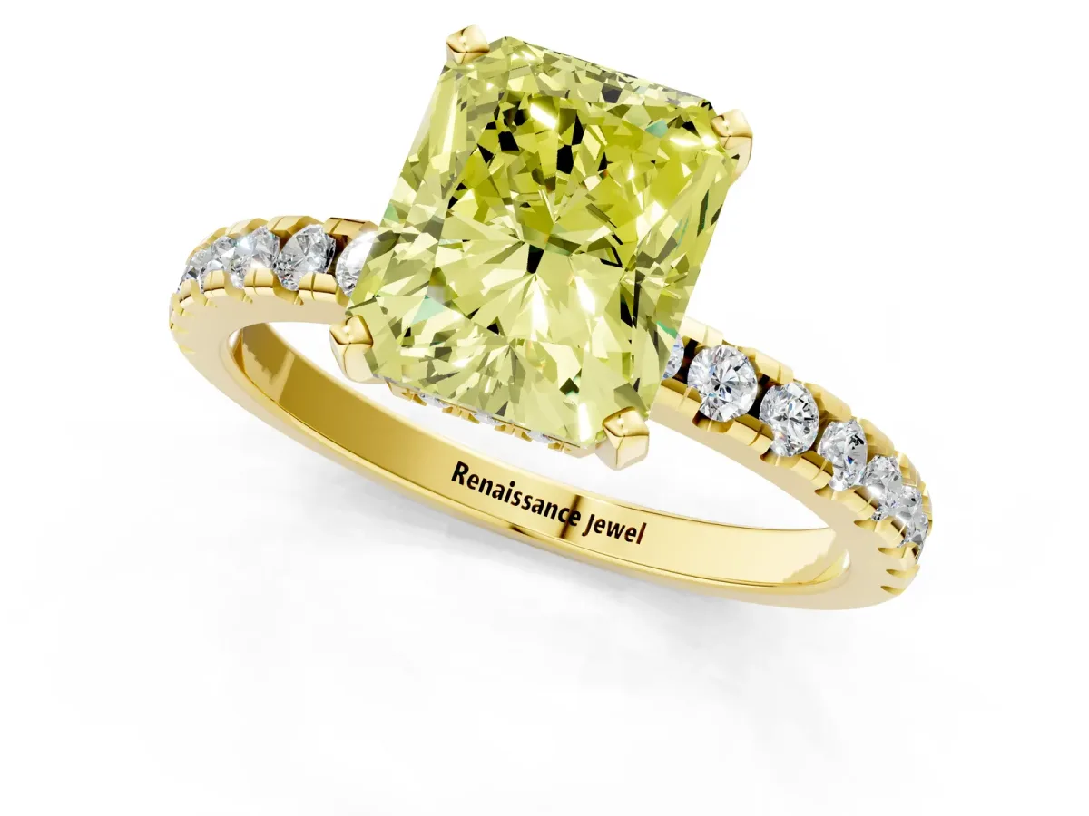 Fancy Yellow Radiant Cut Diamond Solitaire Ring with Round Pavé Band and Four-Prong Setting Yellow gold