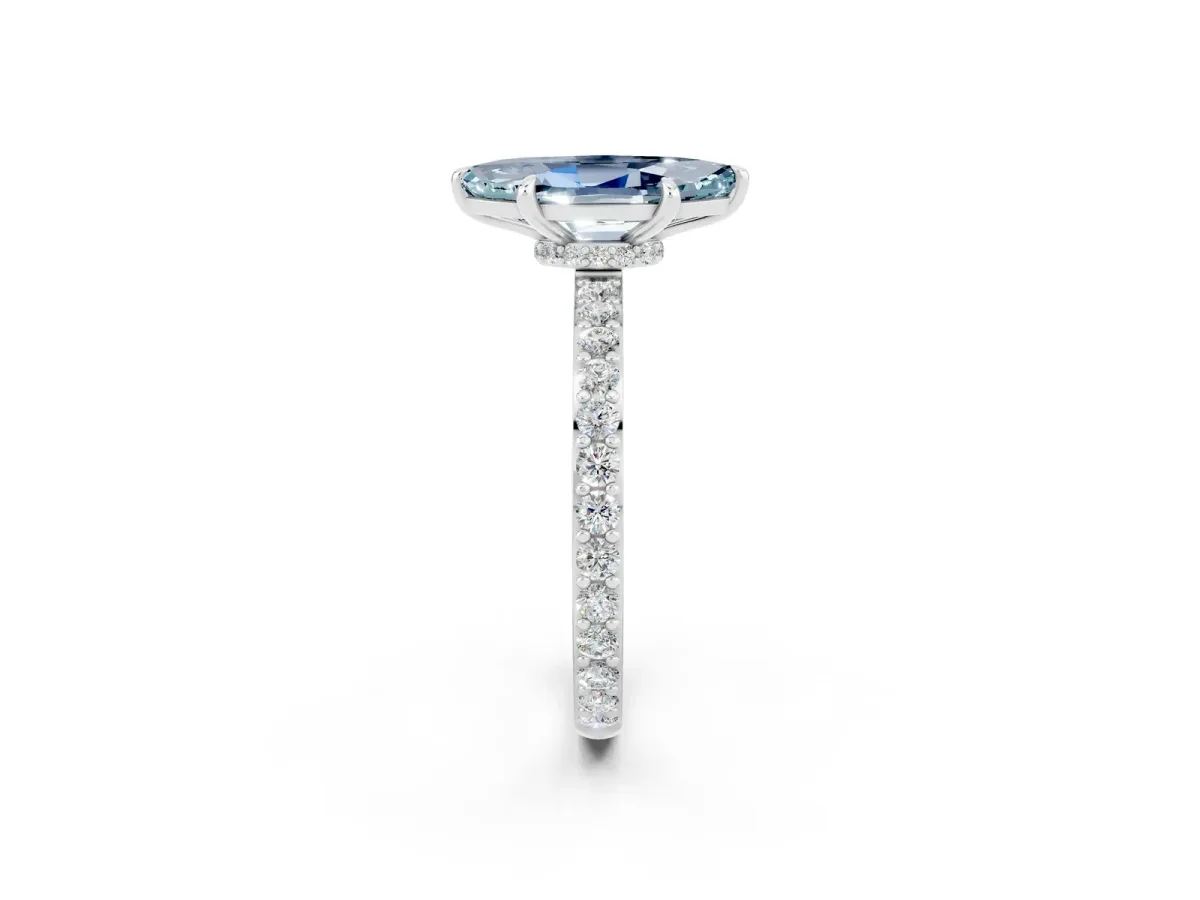 Marquise Cut Aquamarine Solitaire Engagement Ring with Pavé Band and Four-Prong Setting Platinum