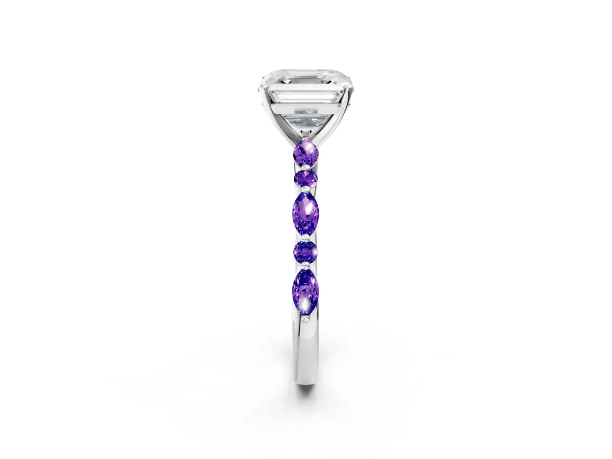 Asscher Cut Diamond Ring with Marquise and Round Tanzanite Side Stones and Four-Prong Setting White gold