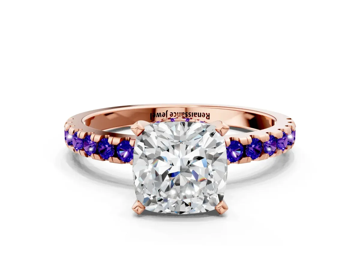 Cushion Cut Diamond Solitaire Ring with Round Tanzanite Pavé Band and Four-Prong Setting Rose gold