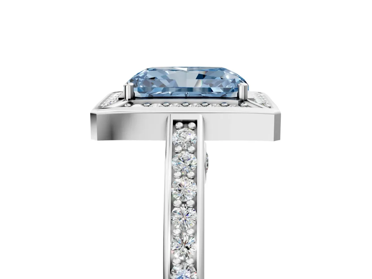 Fancy Blue Radiant Cut Cut Halo Pave Split Shank Prong Setting Ring Platinum